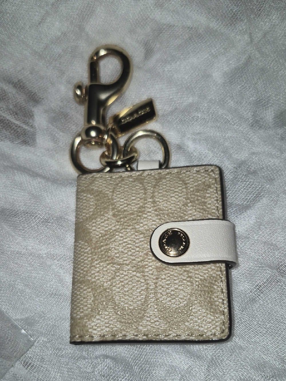 Coach Cream Signature Mini Card Holder Keychain with White Tab NWOT